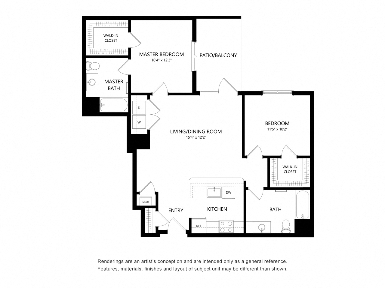 Floor plan for 2 beds, 2 baths, 1096 sqft